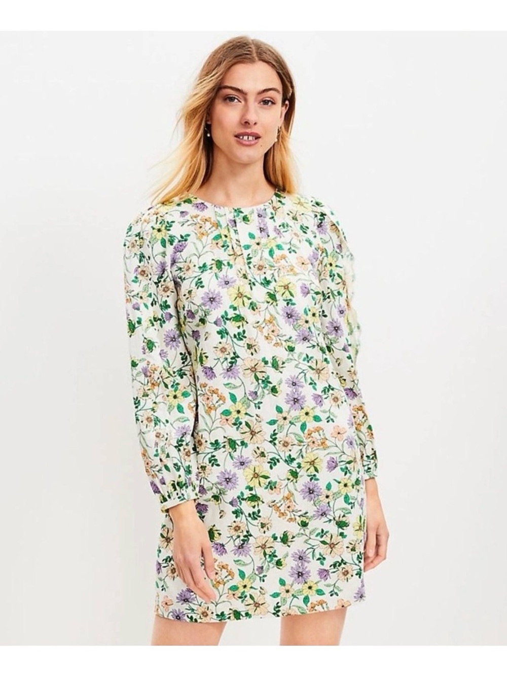 Loft, Floral Long-Sleeve Shift Dress - White with Lavender & Green, size 10